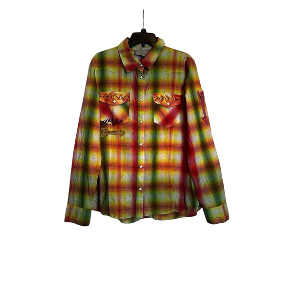 Double D Ranch Tops - Double D Ranch Western Button-up Shirt Size Large Multicolor Plaid Embroidered